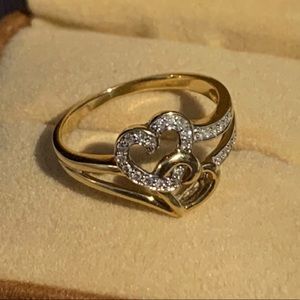Beautiful 10k Gold and Real Diamonds Double Heart Ring